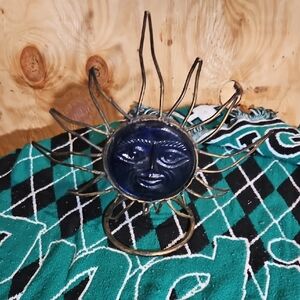 Sun Face Metal Sculpture - Blue and Gold